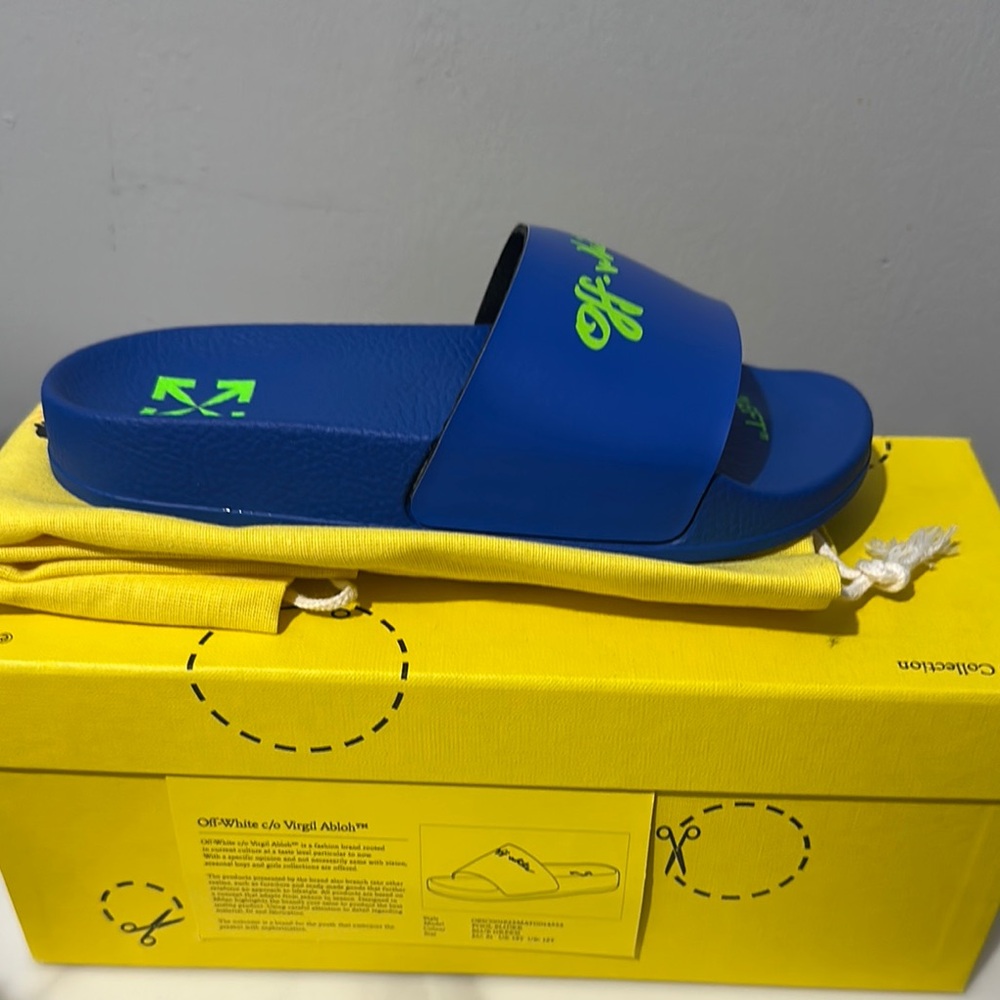 Off-White Vibrant Blue Slides with Neon Accents
